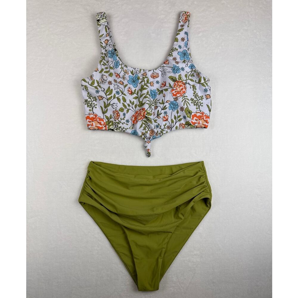 Zafull Floral Knot Front Bikini Set in Olive Green & White Sz Large